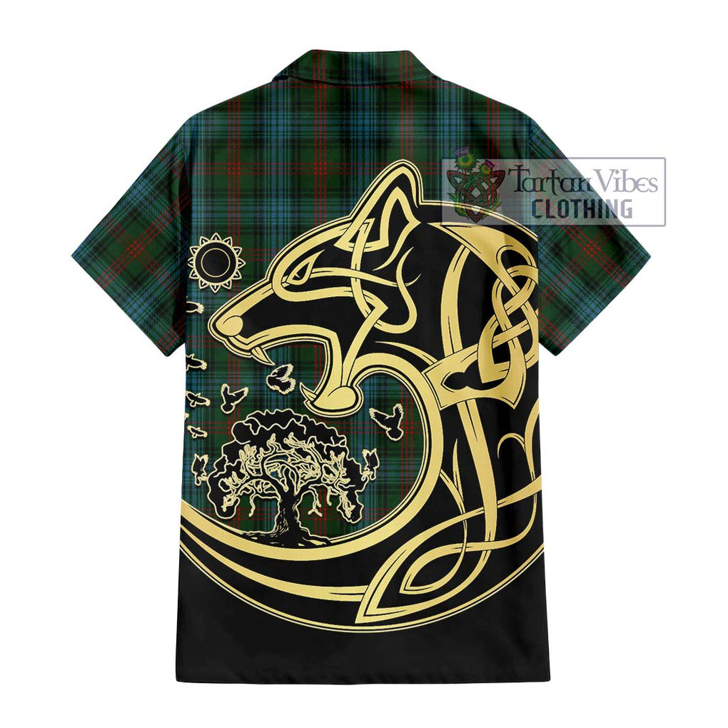 Ross Hunting Tartan Short Sleeve Button Shirt with Family Crest Celtic Wolf Style - Tartan Vibes Clothing