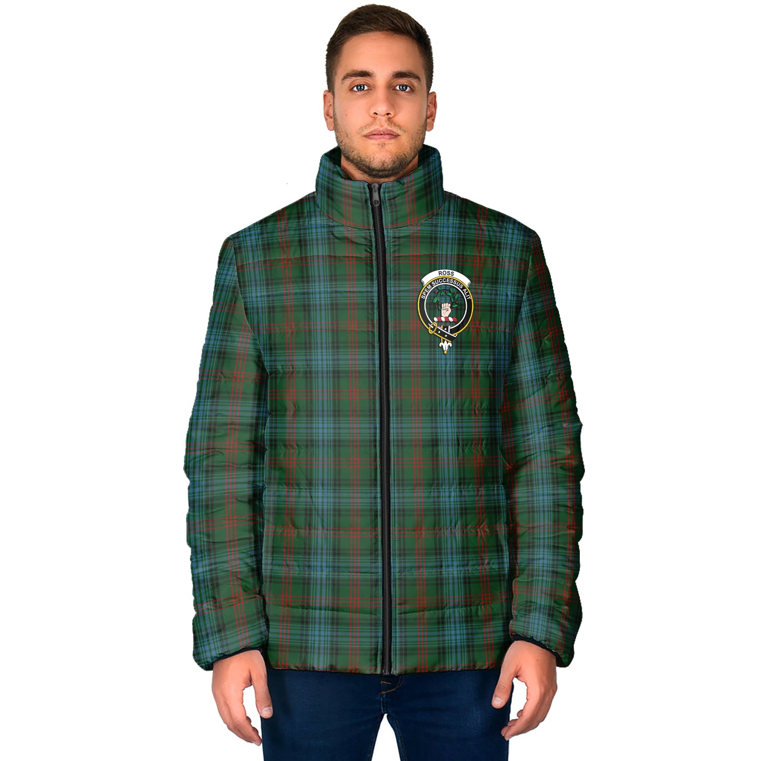 Ross Hunting Tartan Padded Jacket with Family Crest - Tartan Vibes Clothing