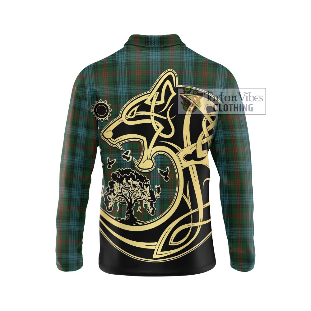 Tartan Vibes Clothing Ross Hunting Tartan Long Sleeve Polo Shirt with Family Crest Celtic Wolf Style