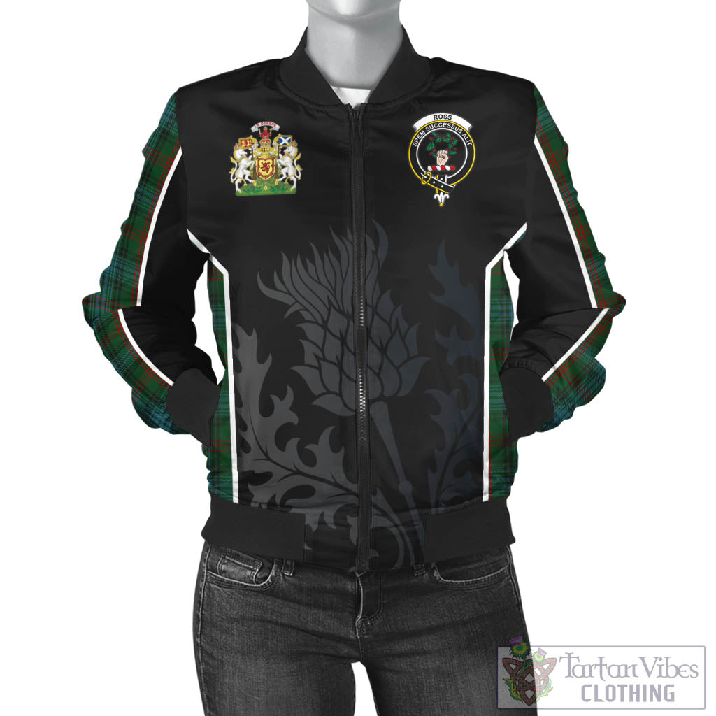 Tartan Vibes Clothing Ross Hunting Tartan Bomber Jacket with Family Crest and Scottish Thistle Vibes Sport Style