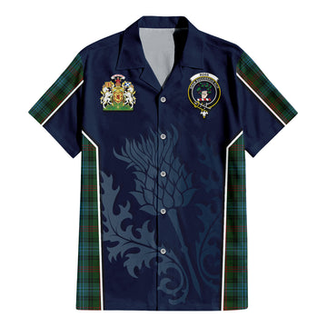 Ross Hunting Tartan Short Sleeve Button Up Shirt with Family Crest and Scottish Thistle Vibes Sport Style