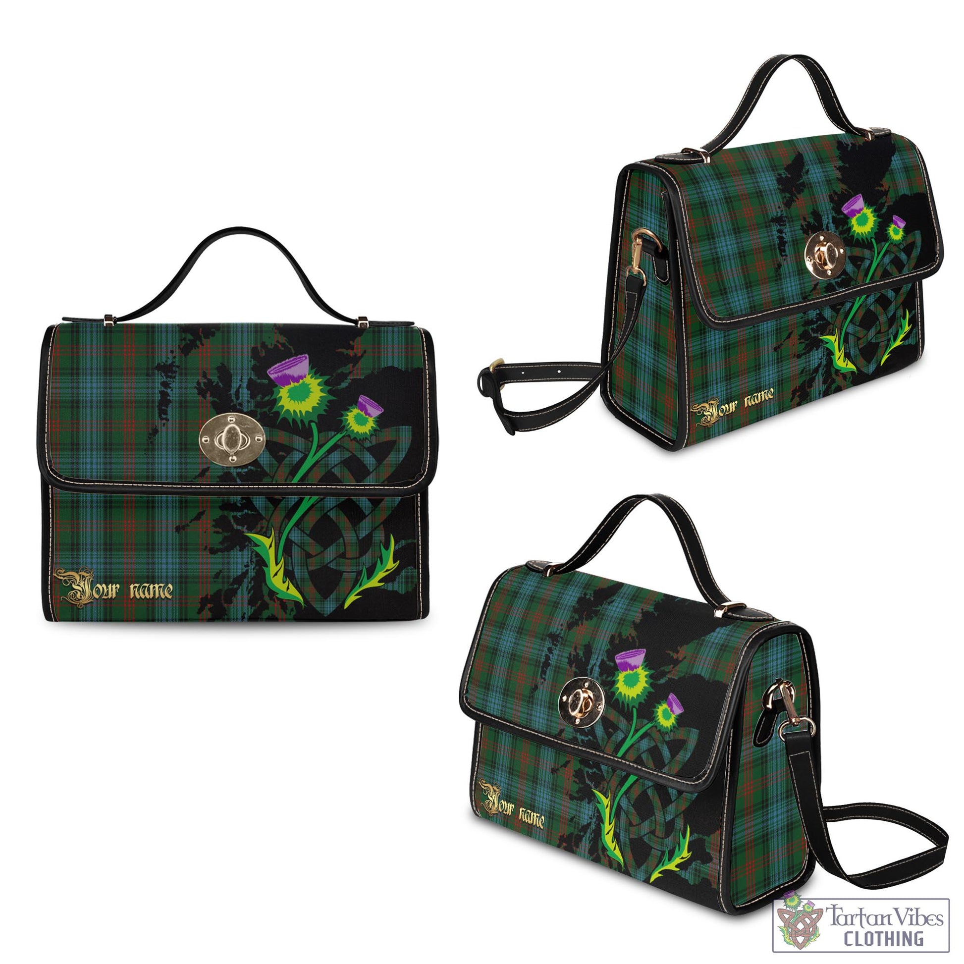 Tartan Vibes Clothing Ross Hunting Tartan Waterproof Canvas Bag with Scotland Map and Thistle Celtic Accents