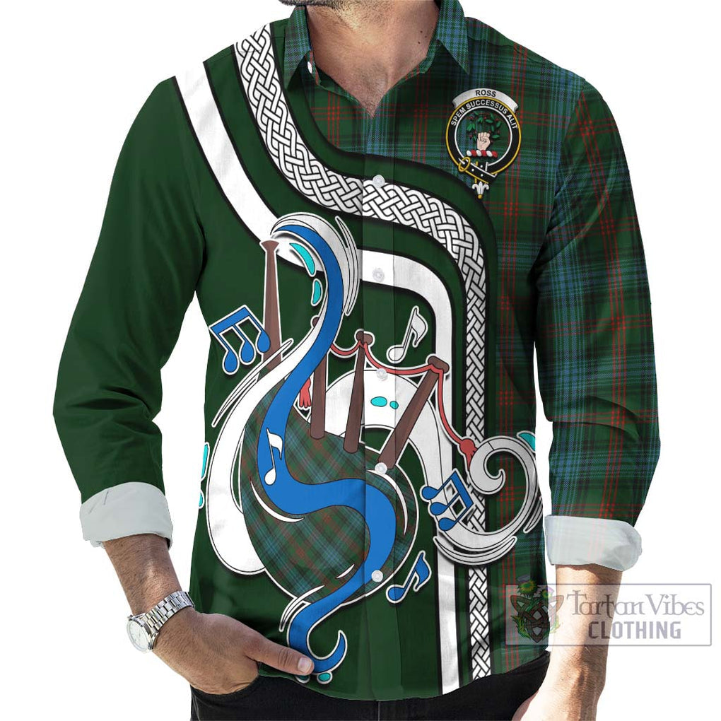 Ross Hunting Tartan Long Sleeve Button Shirt with Epic Bagpipe Style - Tartanvibesclothing Shop