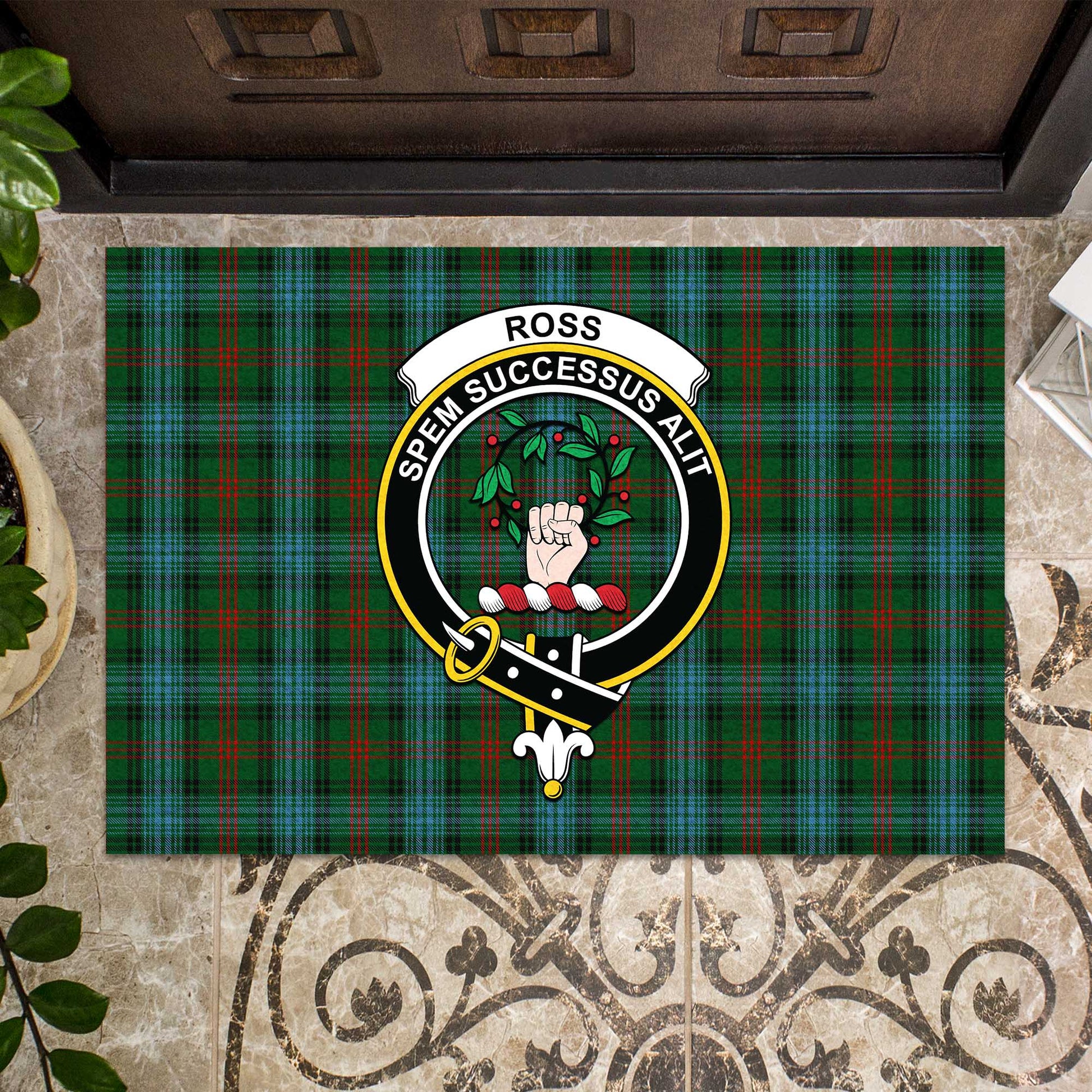 Ross Hunting Tartan Door Mat with Family Crest - Tartanvibesclothing Shop