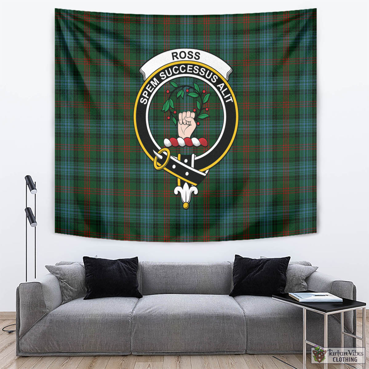 Tartan Vibes Clothing Ross Hunting Tartan Tapestry Wall Hanging and Home Decor for Room with Family Crest