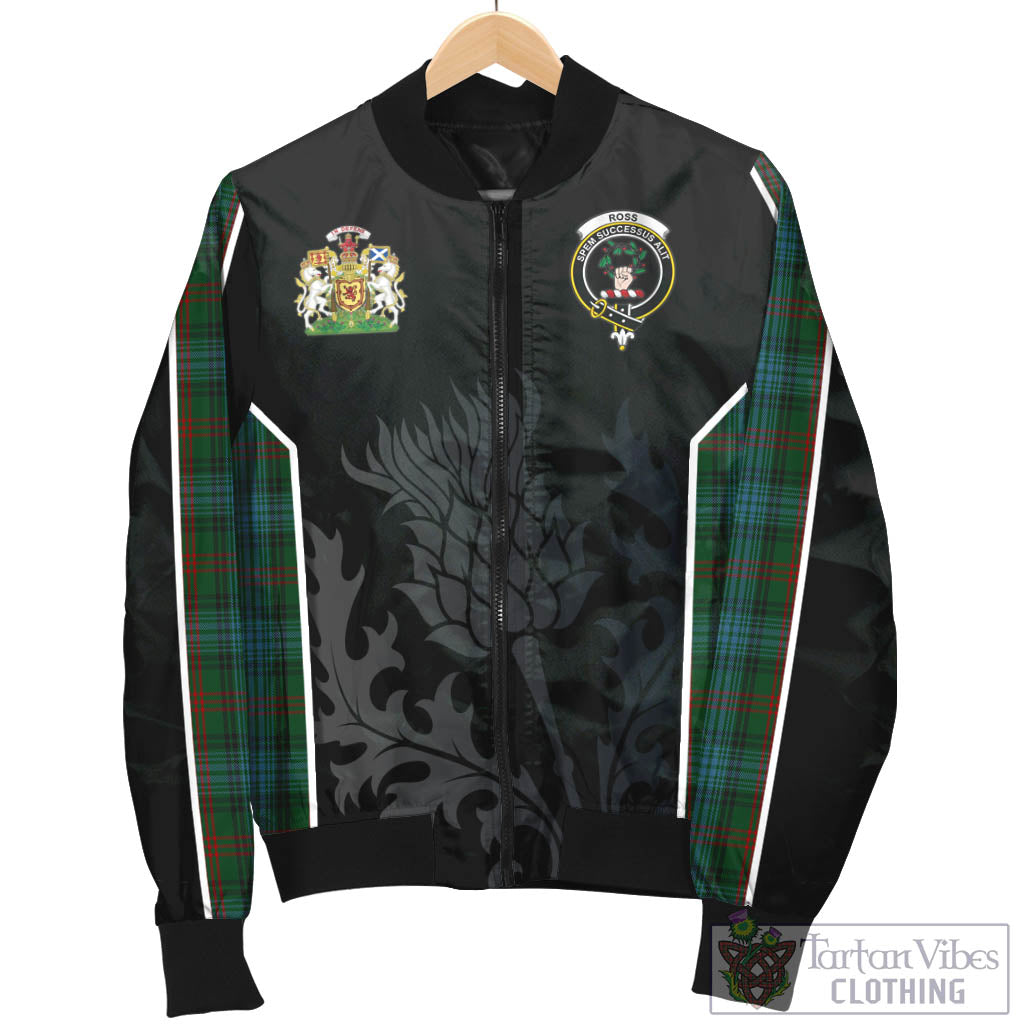 Tartan Vibes Clothing Ross Hunting Tartan Bomber Jacket with Family Crest and Scottish Thistle Vibes Sport Style