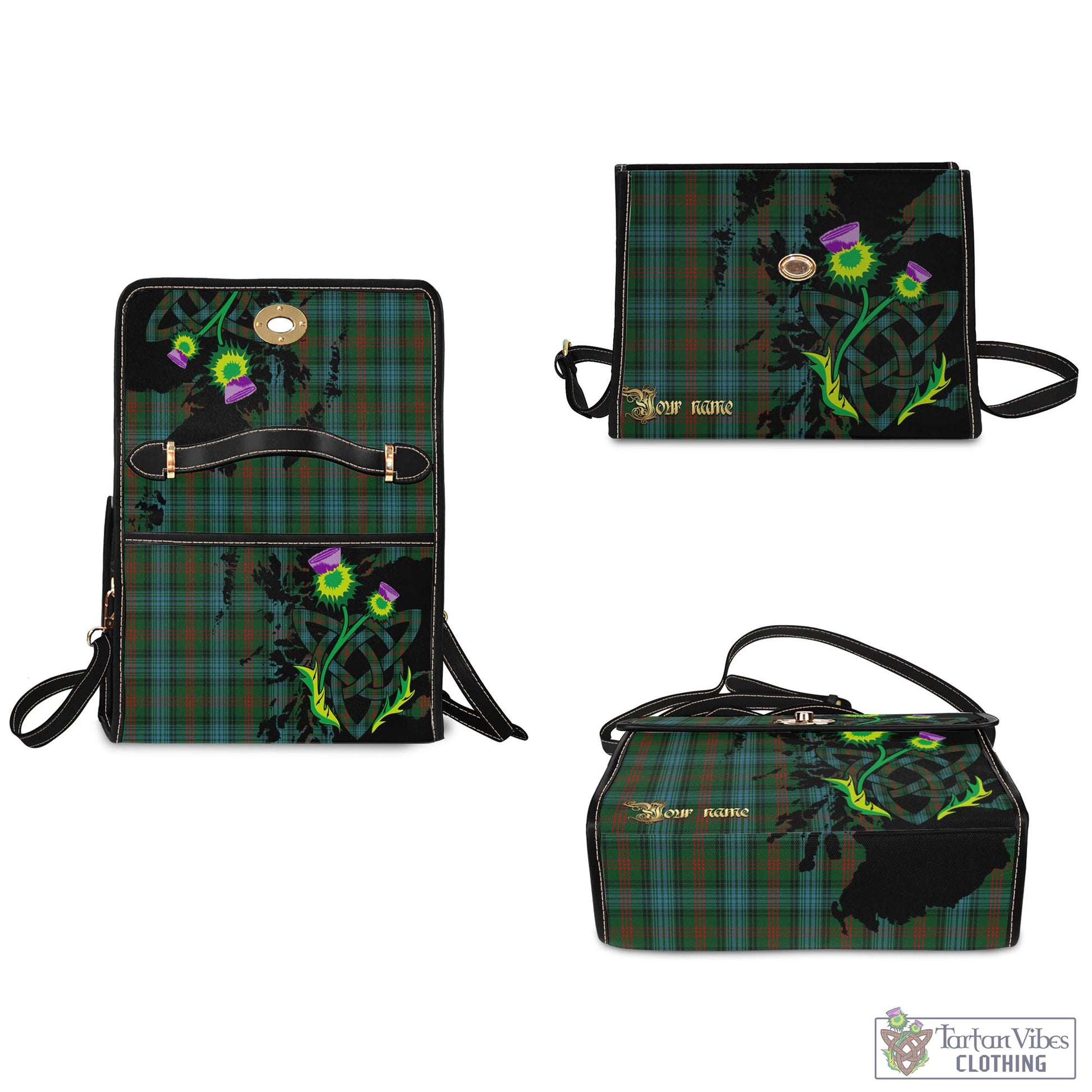 Tartan Vibes Clothing Ross Hunting Tartan Waterproof Canvas Bag with Scotland Map and Thistle Celtic Accents