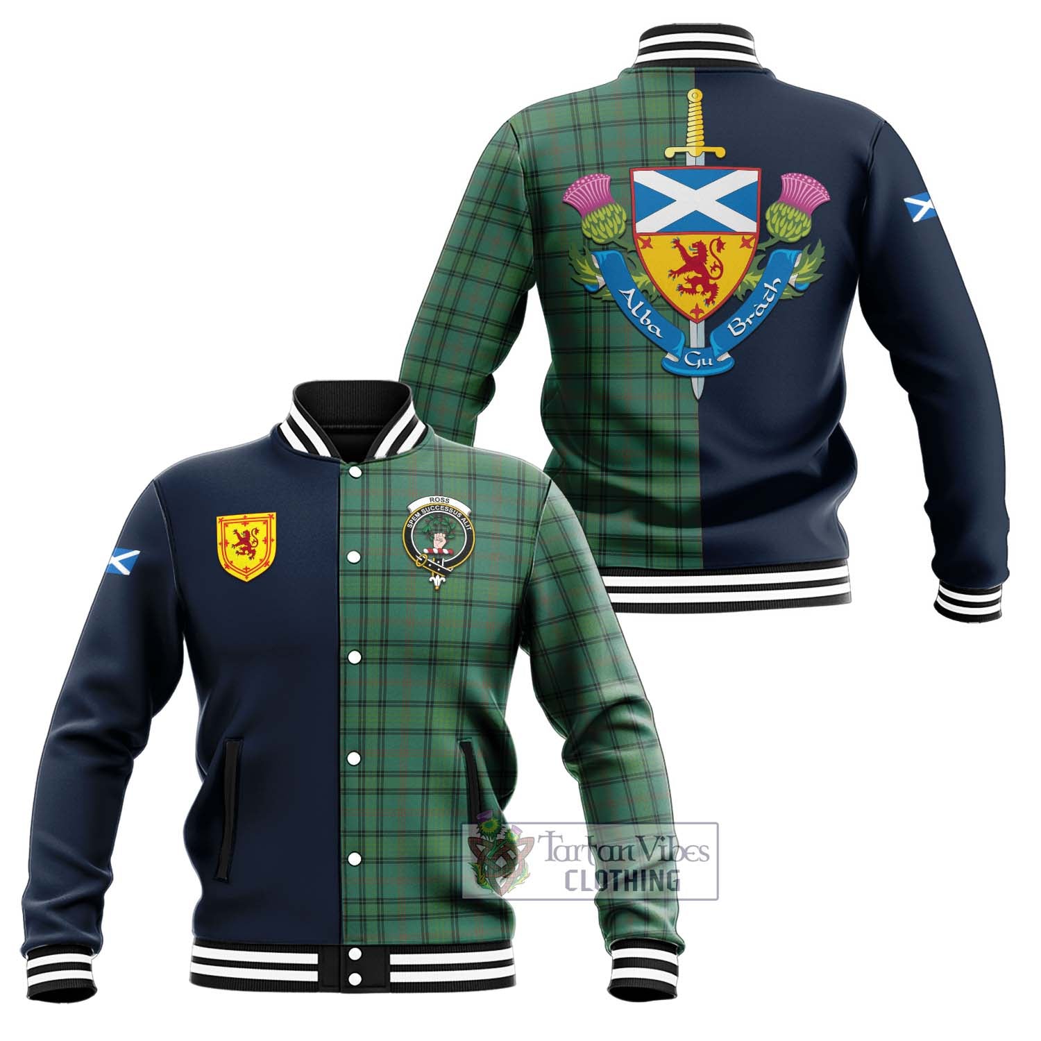 Tartan Vibes Clothing Ross Hunting Ancient Tartan Baseball Jacket with Scottish Lion Royal Arm Half Style