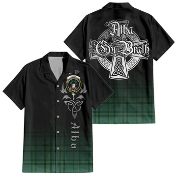 Ross Hunting Ancient Tartan Short Sleeve Button Up Featuring Alba Gu Brath Family Crest Celtic Inspired