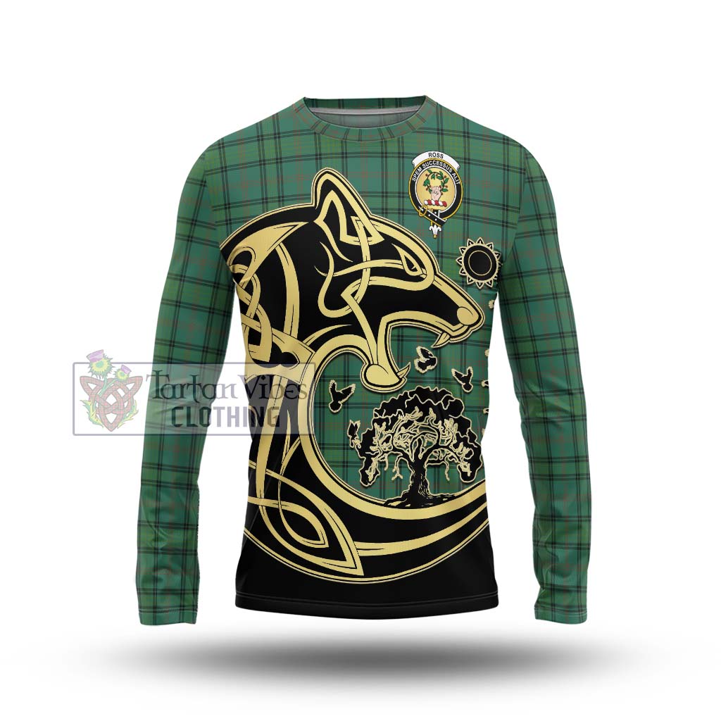 Tartan Vibes Clothing Ross Hunting Ancient Tartan Long Sleeve T-Shirt with Family Crest Celtic Wolf Style