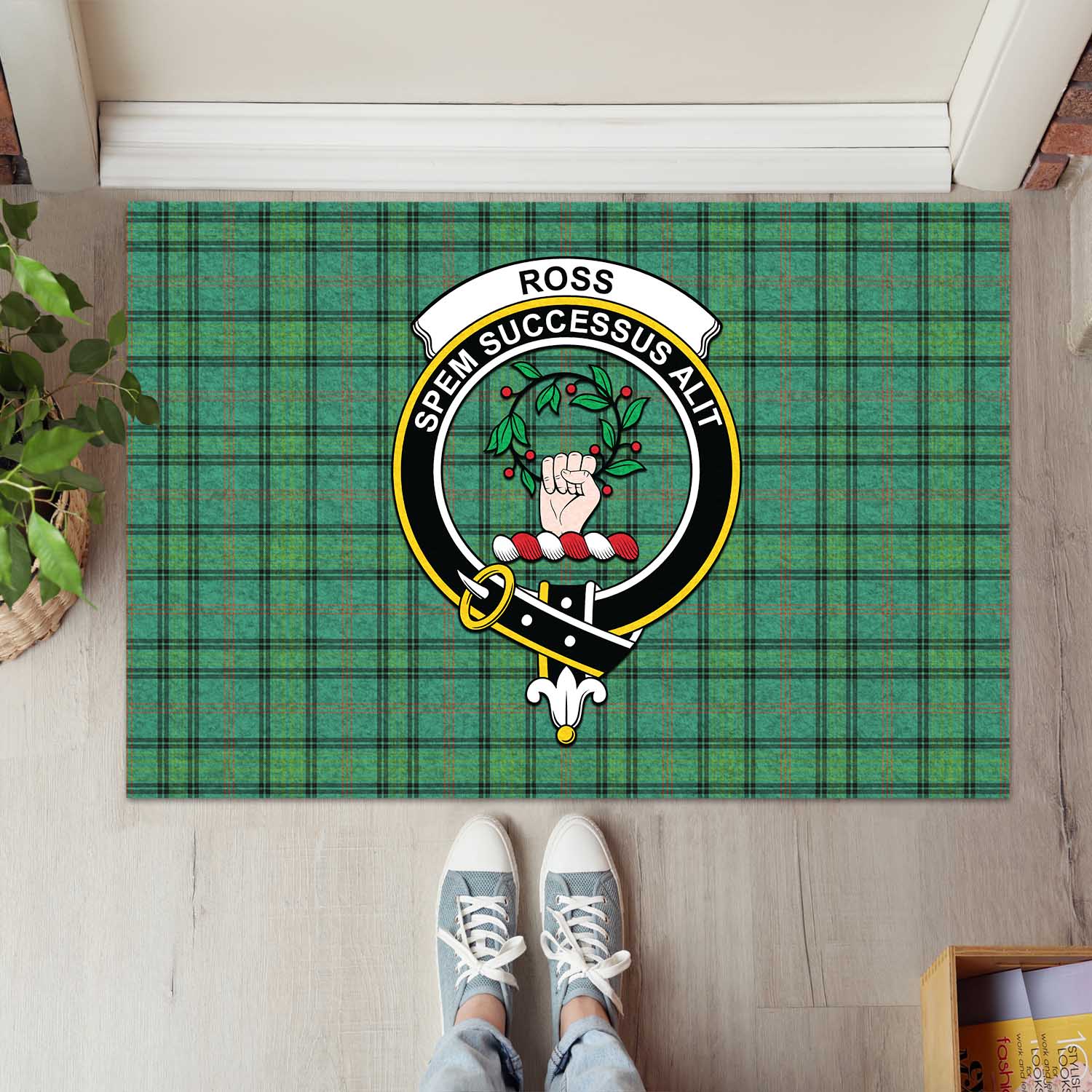 Ross Hunting Ancient Tartan Door Mat with Family Crest - Tartanvibesclothing Shop