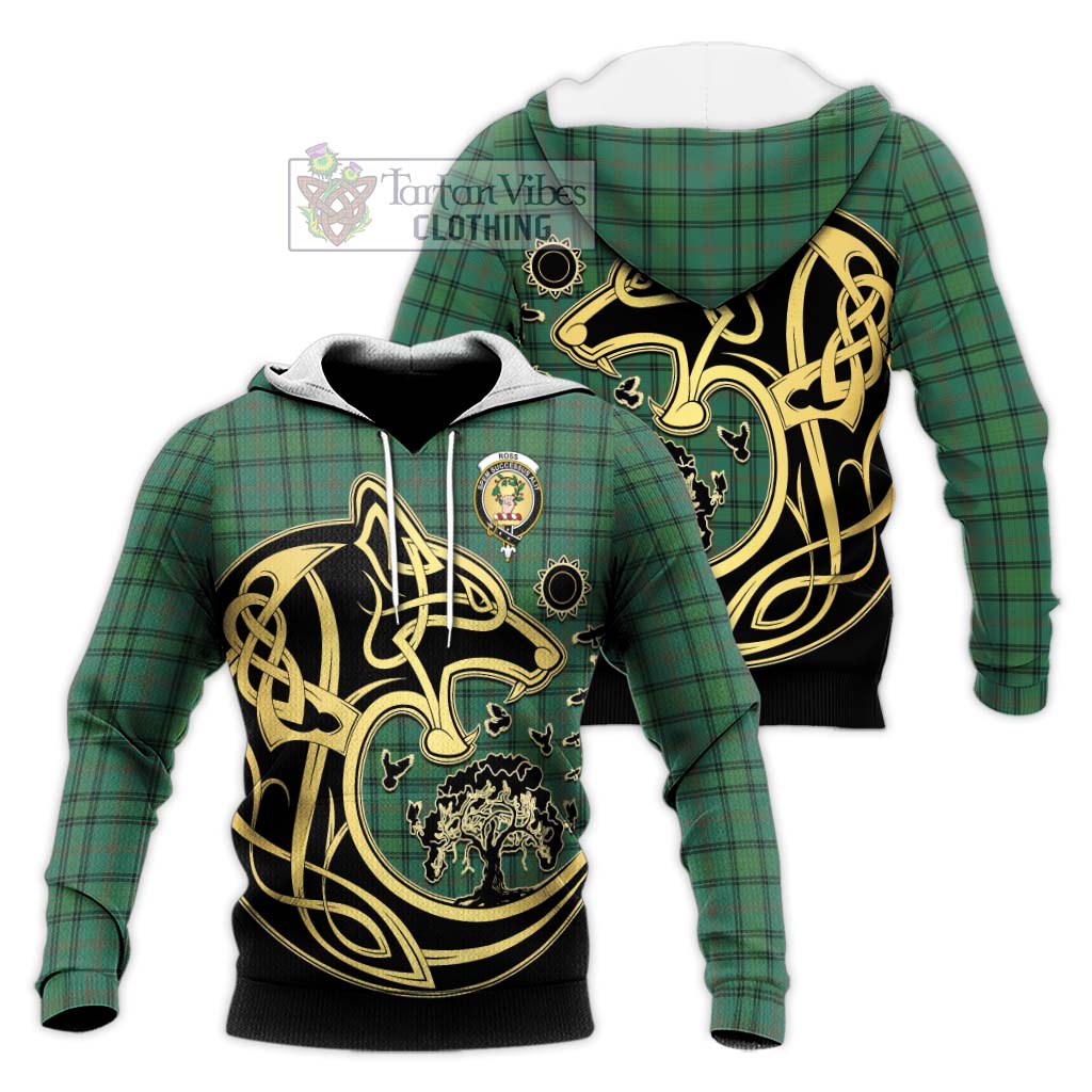 Tartan Vibes Clothing Ross Hunting Ancient Tartan Knitted Hoodie with Family Crest Celtic Wolf Style