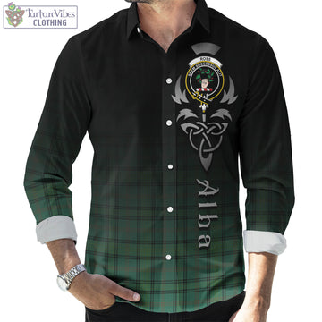 Ross Hunting Ancient Tartan Long Sleeve Button Up Featuring Alba Gu Brath Family Crest Celtic Inspired