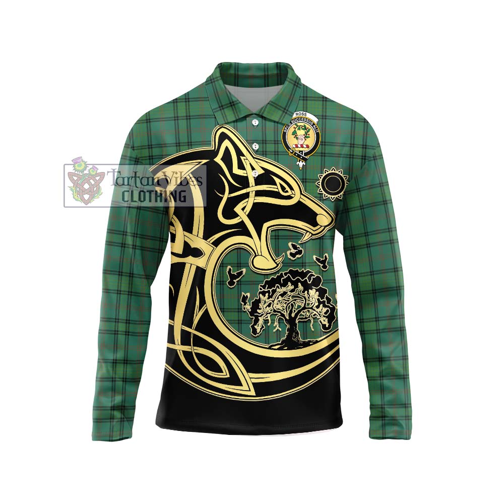 Tartan Vibes Clothing Ross Hunting Ancient Tartan Long Sleeve Polo Shirt with Family Crest Celtic Wolf Style