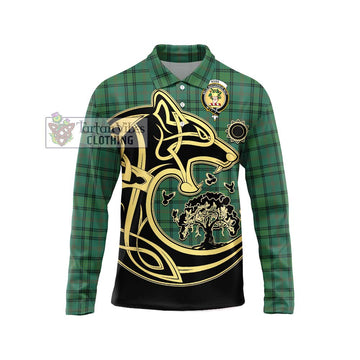Ross Hunting Ancient Tartan Long Sleeve Polo Shirt with Family Crest Celtic Wolf Style