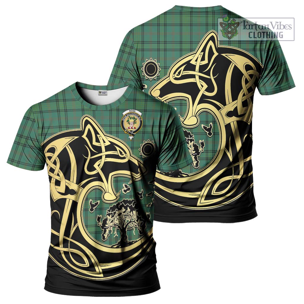 Tartan Vibes Clothing Ross Hunting Ancient Tartan T-Shirt with Family Crest Celtic Wolf Style