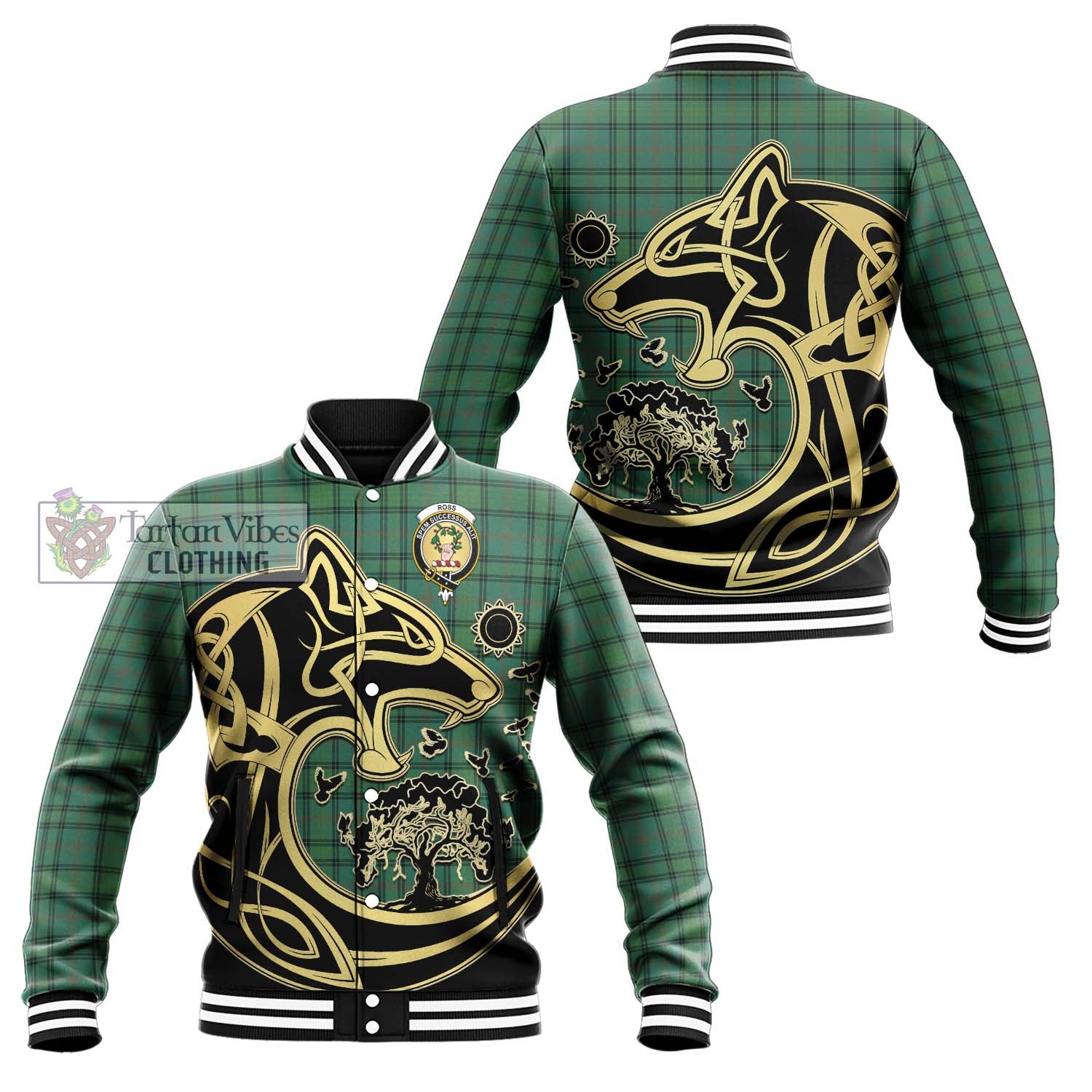 Tartan Vibes Clothing Ross Hunting Ancient Tartan Baseball Jacket with Family Crest Celtic Wolf Style