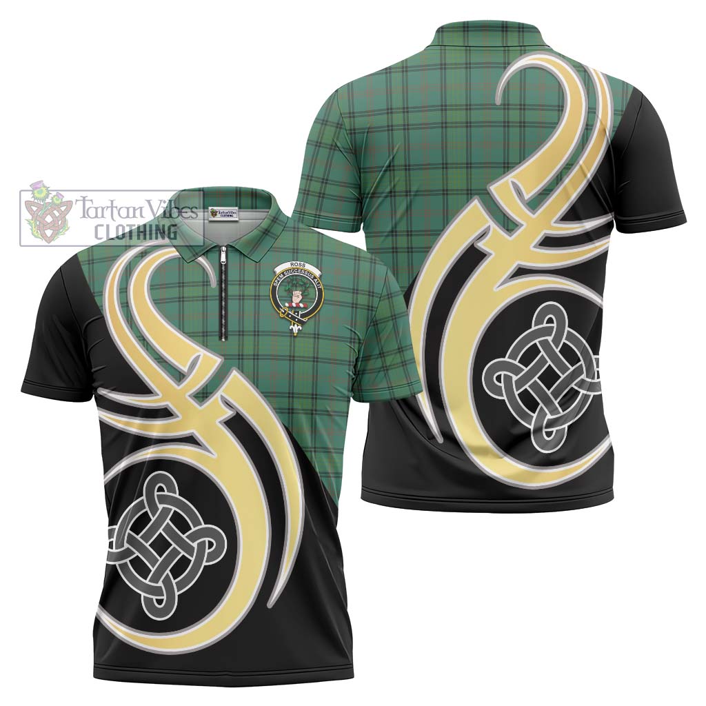Tartan Vibes Clothing Ross Hunting Ancient Tartan Zipper Polo Shirt with Family Crest and Celtic Symbol Style