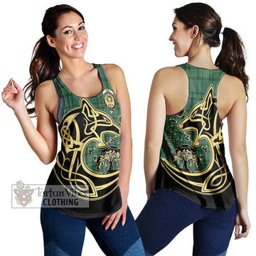 Ross Hunting Ancient Tartan Women's Racerback Tanks with Family Crest Celtic Wolf Style