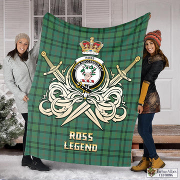 Ross Hunting Ancient Tartan Blanket with Clan Crest and the Golden Sword of Courageous Legacy