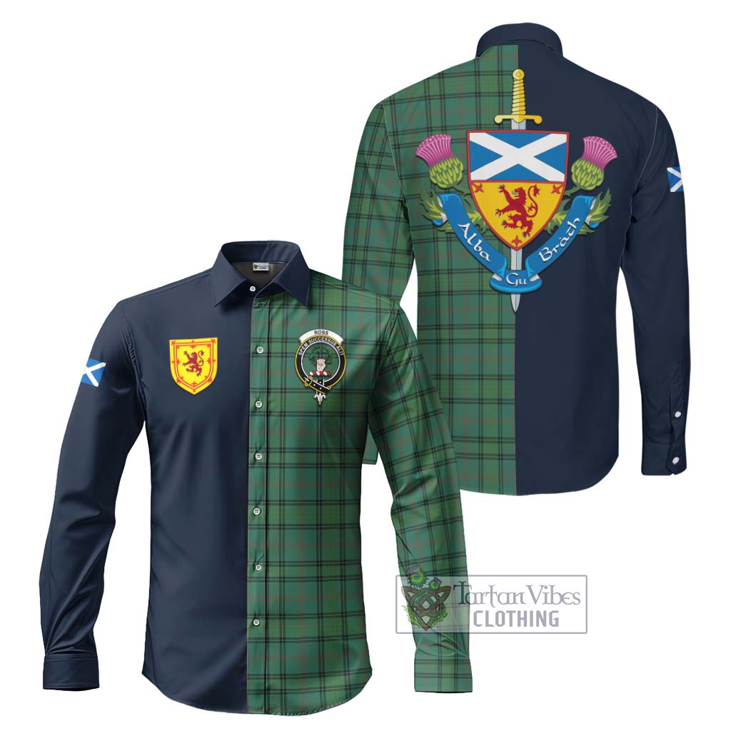 Tartan Vibes Clothing Ross Hunting Ancient Tartan Long Sleeve Button Shirt with Scottish Lion Royal Arm Half Style