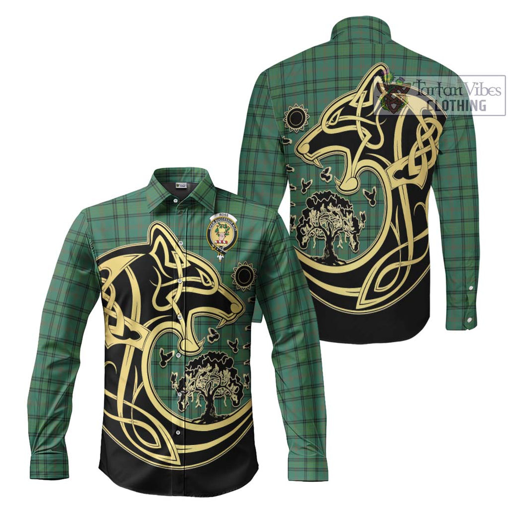 Ross Hunting Ancient Tartan Long Sleeve Button Shirt with Family Crest Celtic Wolf Style Men's Shirt S - Tartan Vibes Clothing