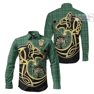 Ross Hunting Ancient Tartan Long Sleeve Button Shirt with Family Crest Celtic Wolf Style