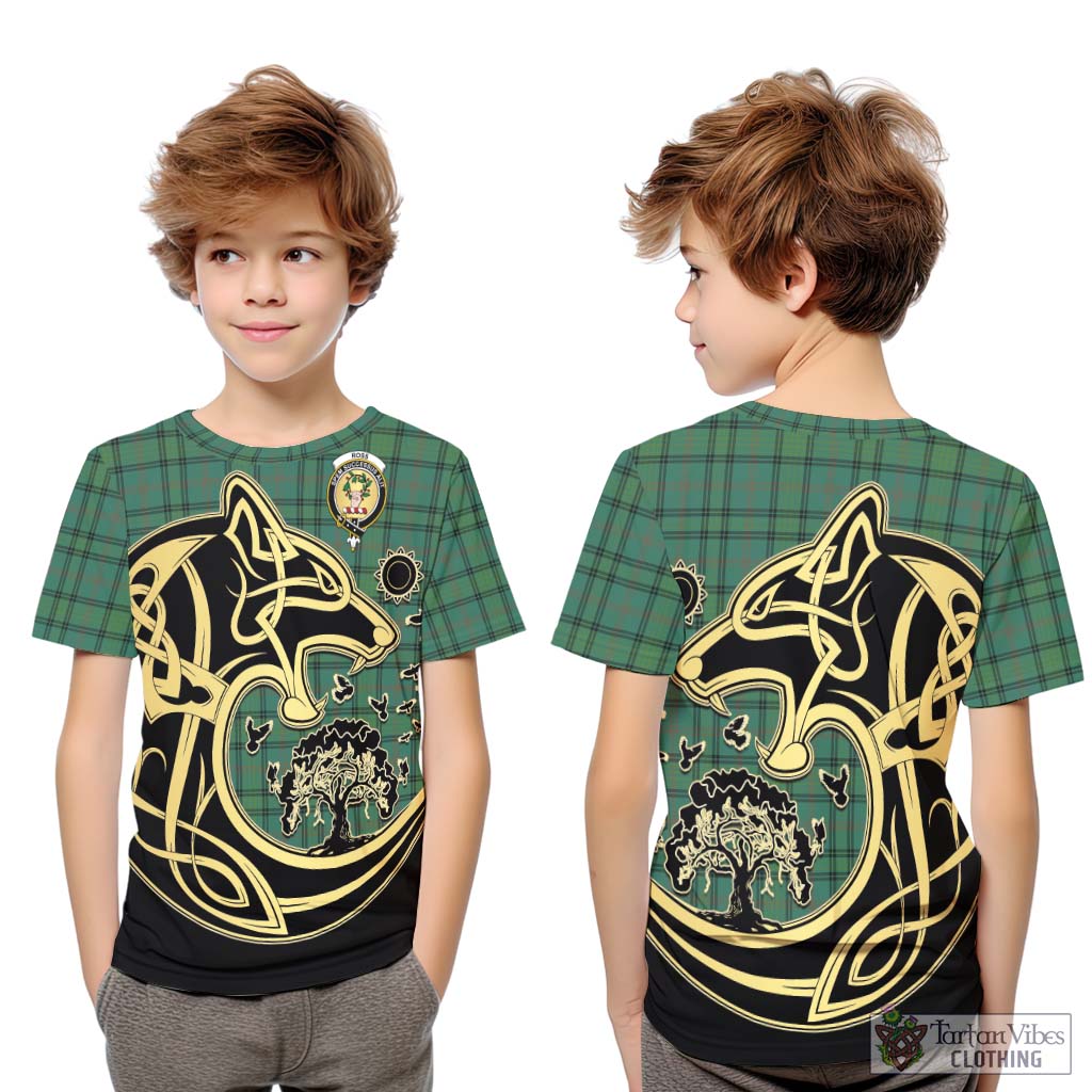 Tartan Vibes Clothing Ross Hunting Ancient Tartan Kid T-Shirt with Family Crest Celtic Wolf Style