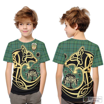 Ross Hunting Ancient Tartan Kid T-Shirt with Family Crest Celtic Wolf Style