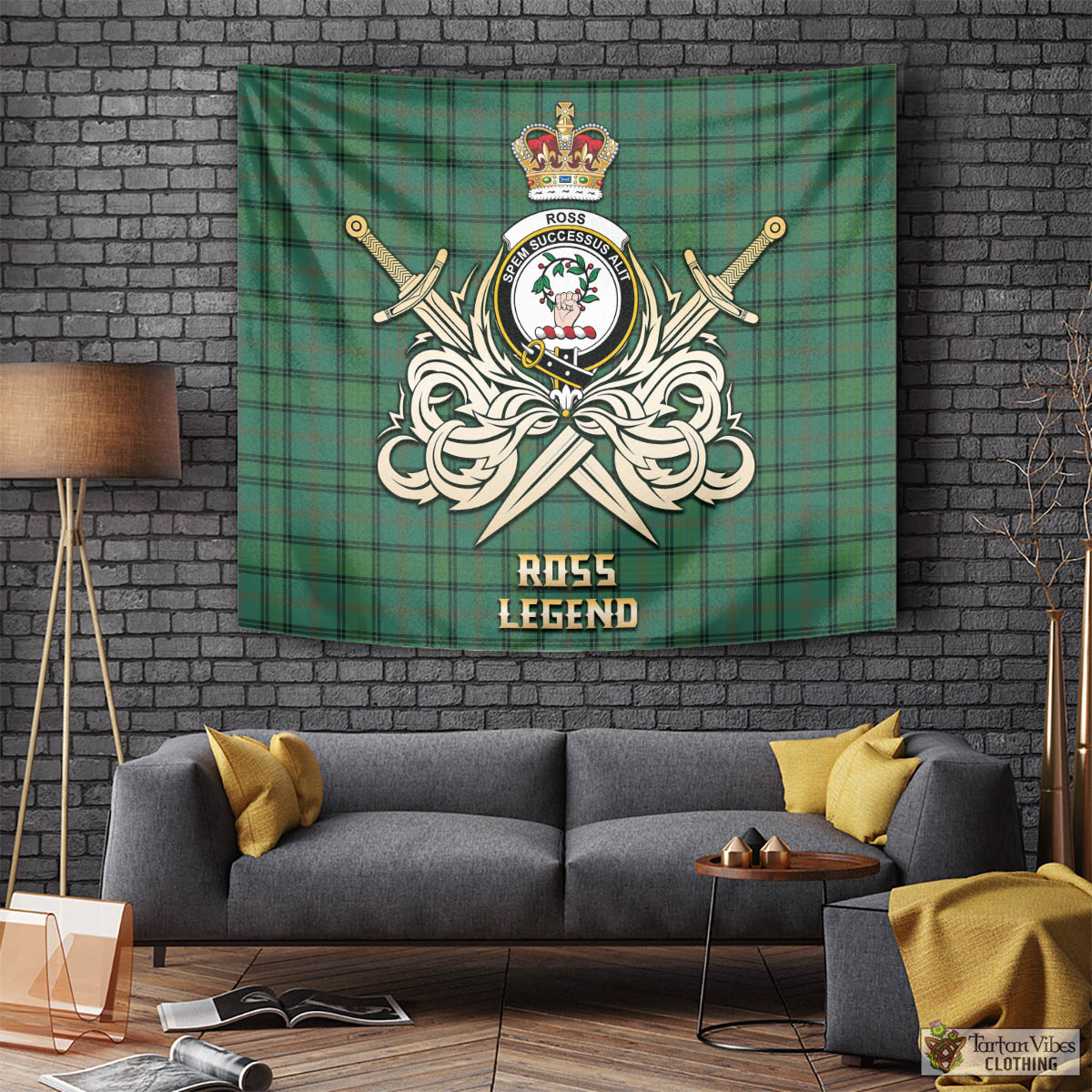 Tartan Vibes Clothing Ross Hunting Ancient Tartan Tapestry with Clan Crest and the Golden Sword of Courageous Legacy