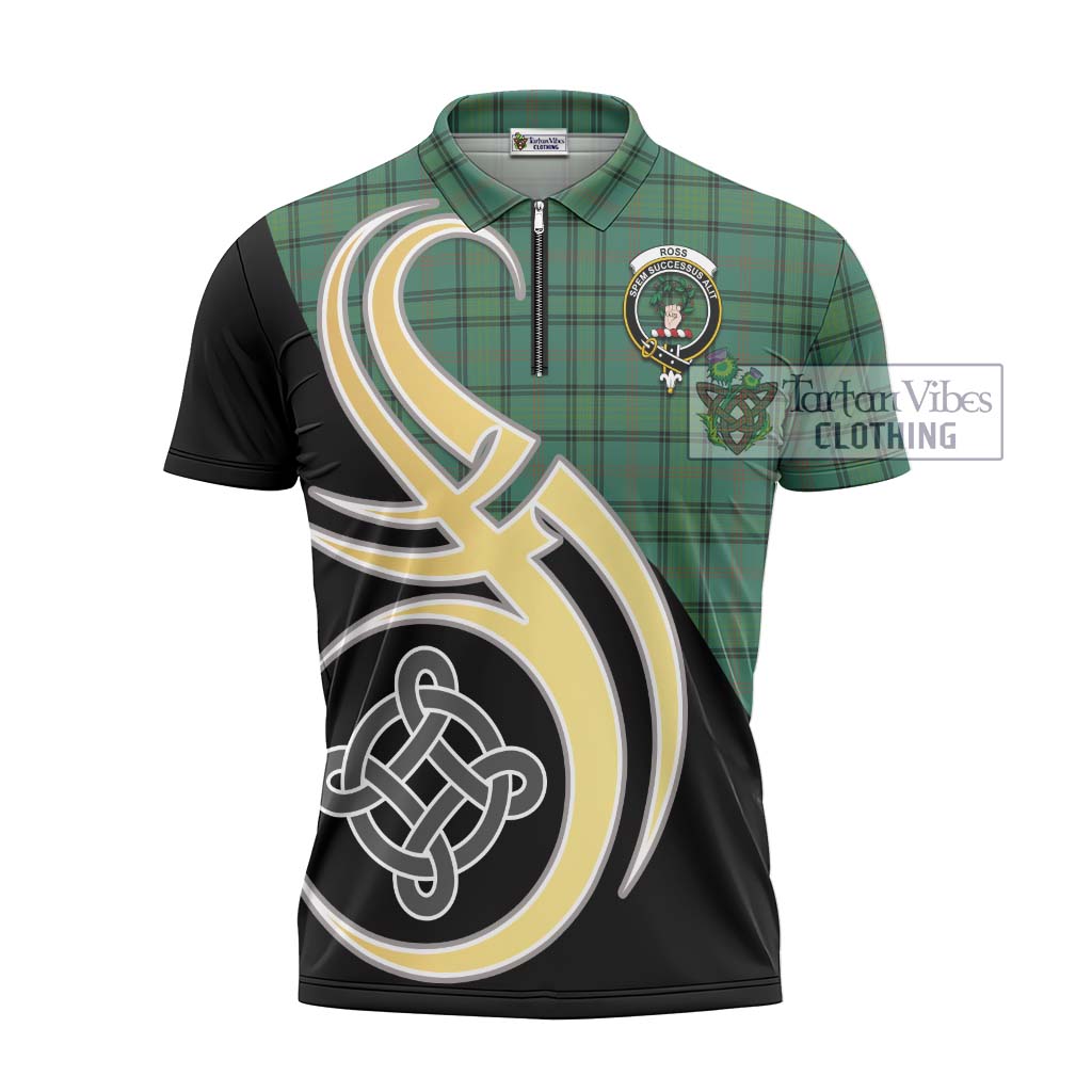 Tartan Vibes Clothing Ross Hunting Ancient Tartan Zipper Polo Shirt with Family Crest and Celtic Symbol Style