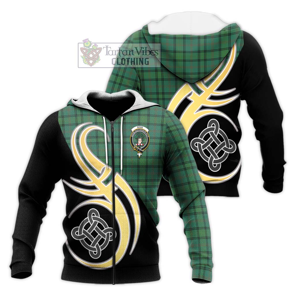 Tartan Vibes Clothing Ross Hunting Ancient Tartan Knitted Hoodie with Family Crest and Celtic Symbol Style