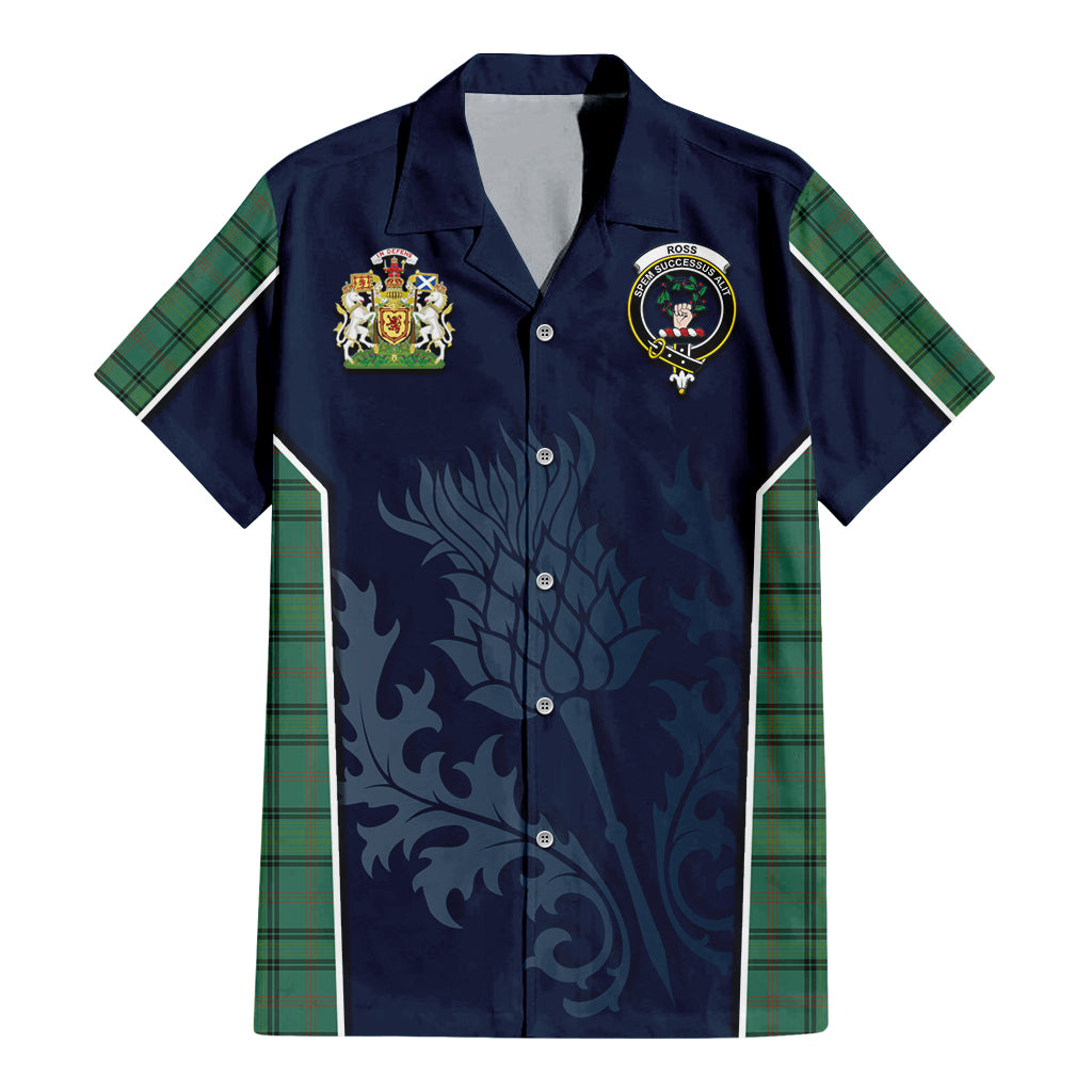 Tartan Vibes Clothing Ross Hunting Ancient Tartan Short Sleeve Button Up Shirt with Family Crest and Scottish Thistle Vibes Sport Style