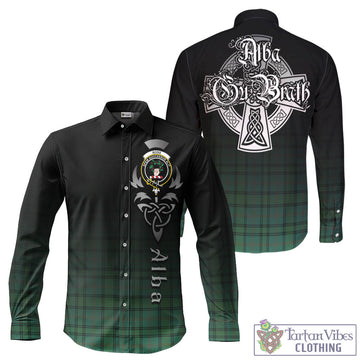 Ross Hunting Ancient Tartan Long Sleeve Button Up Featuring Alba Gu Brath Family Crest Celtic Inspired