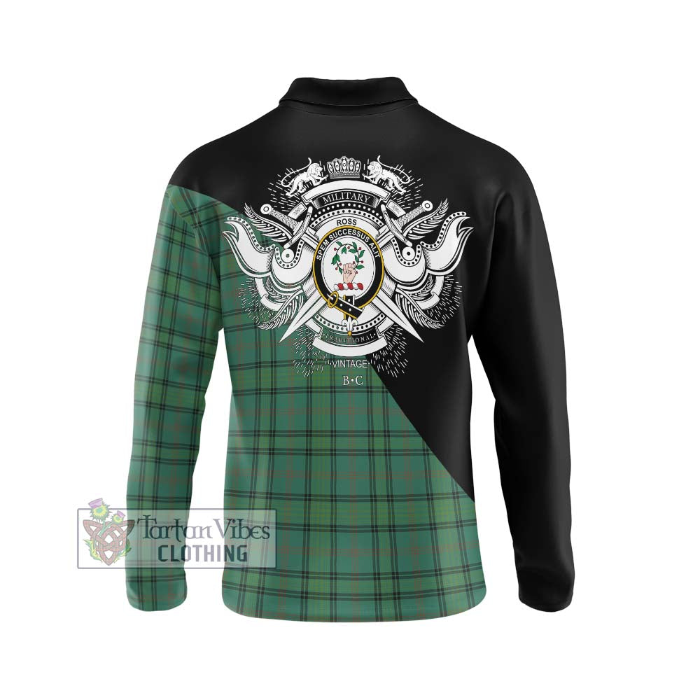 Ross Hunting Ancient Tartan Long Sleeve Polo Shirt with Family Crest and Military Logo Style - Tartanvibesclothing Shop