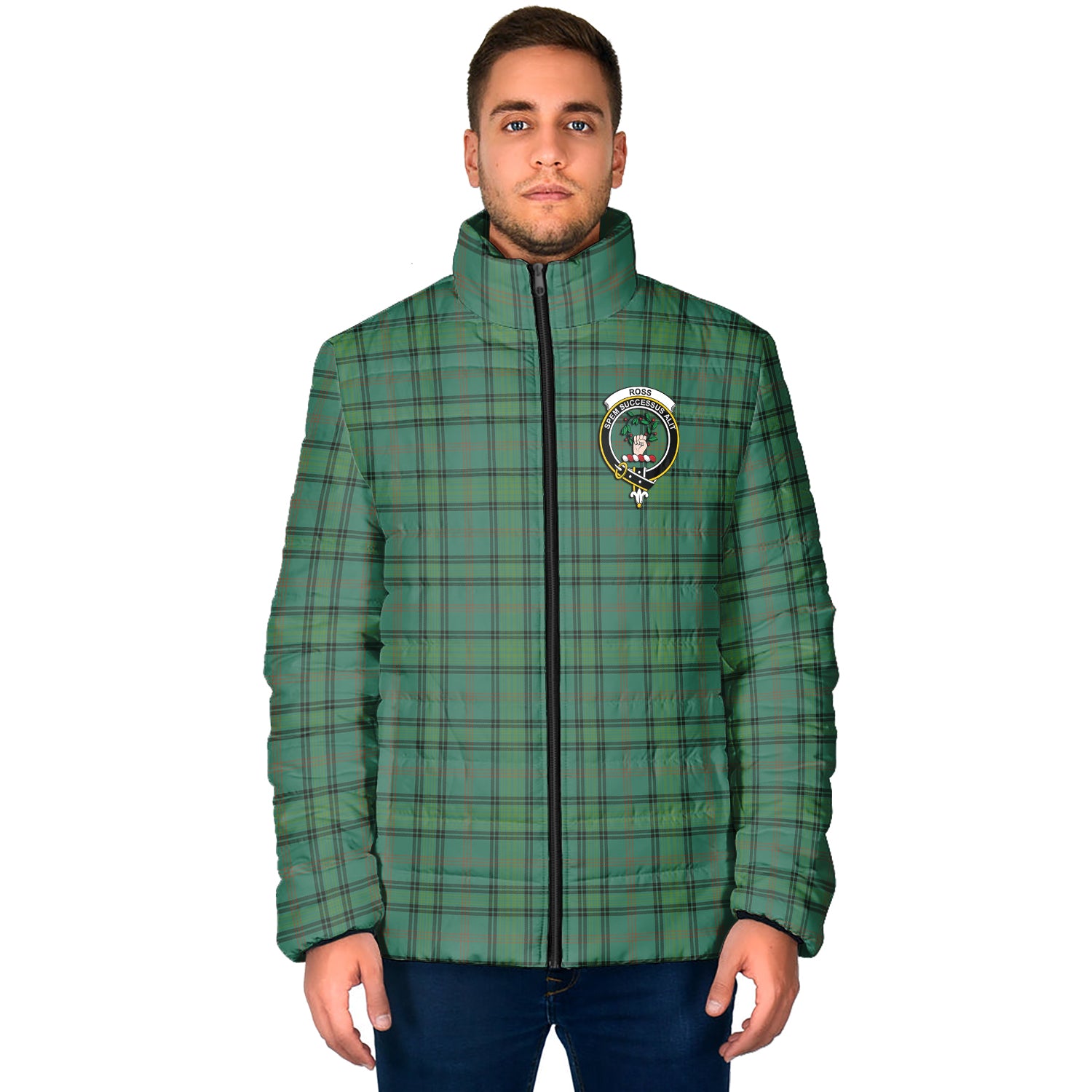 Ross Hunting Ancient Tartan Padded Jacket with Family Crest - Tartan Vibes Clothing