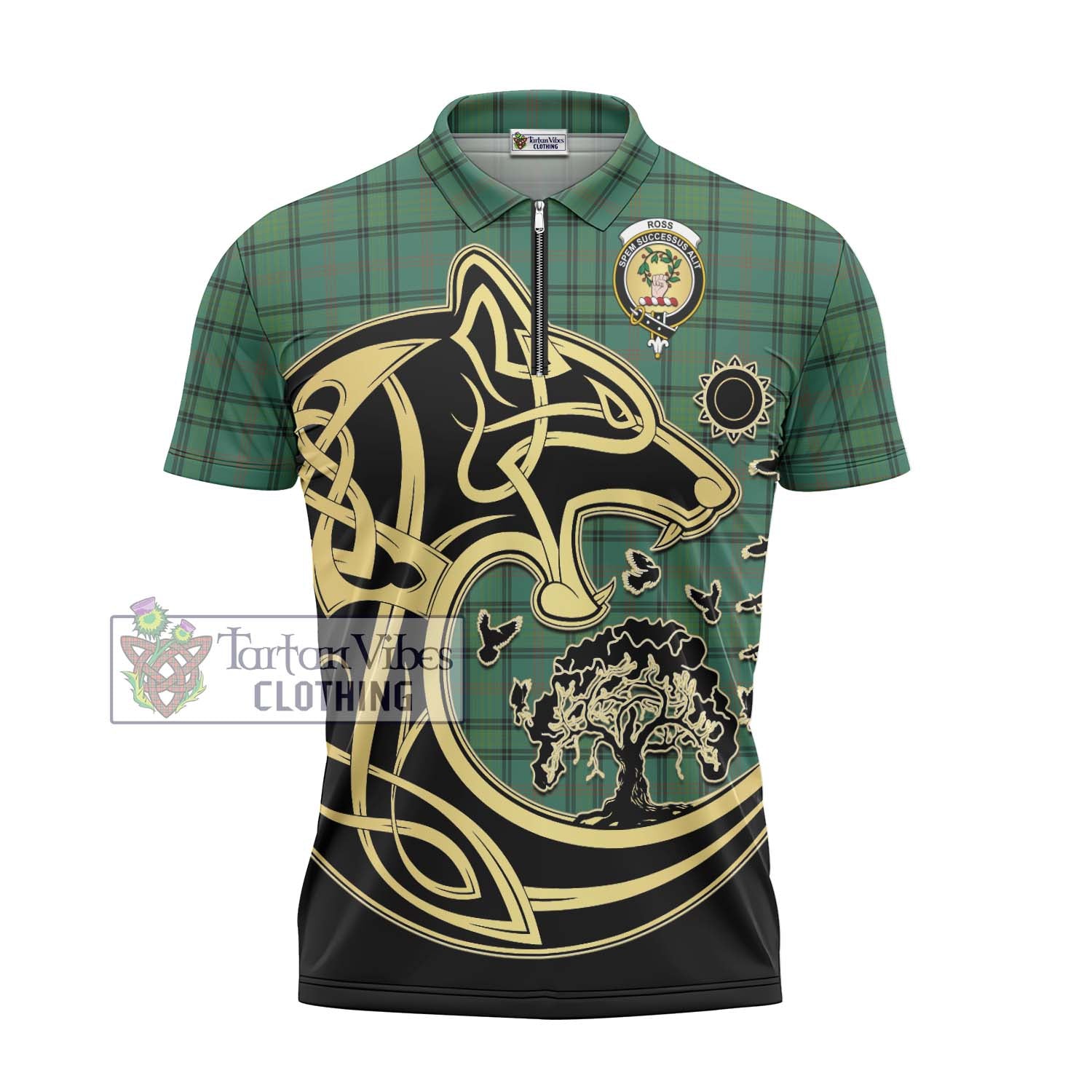 Tartan Vibes Clothing Ross Hunting Ancient Tartan Zipper Polo Shirt with Family Crest Celtic Wolf Style