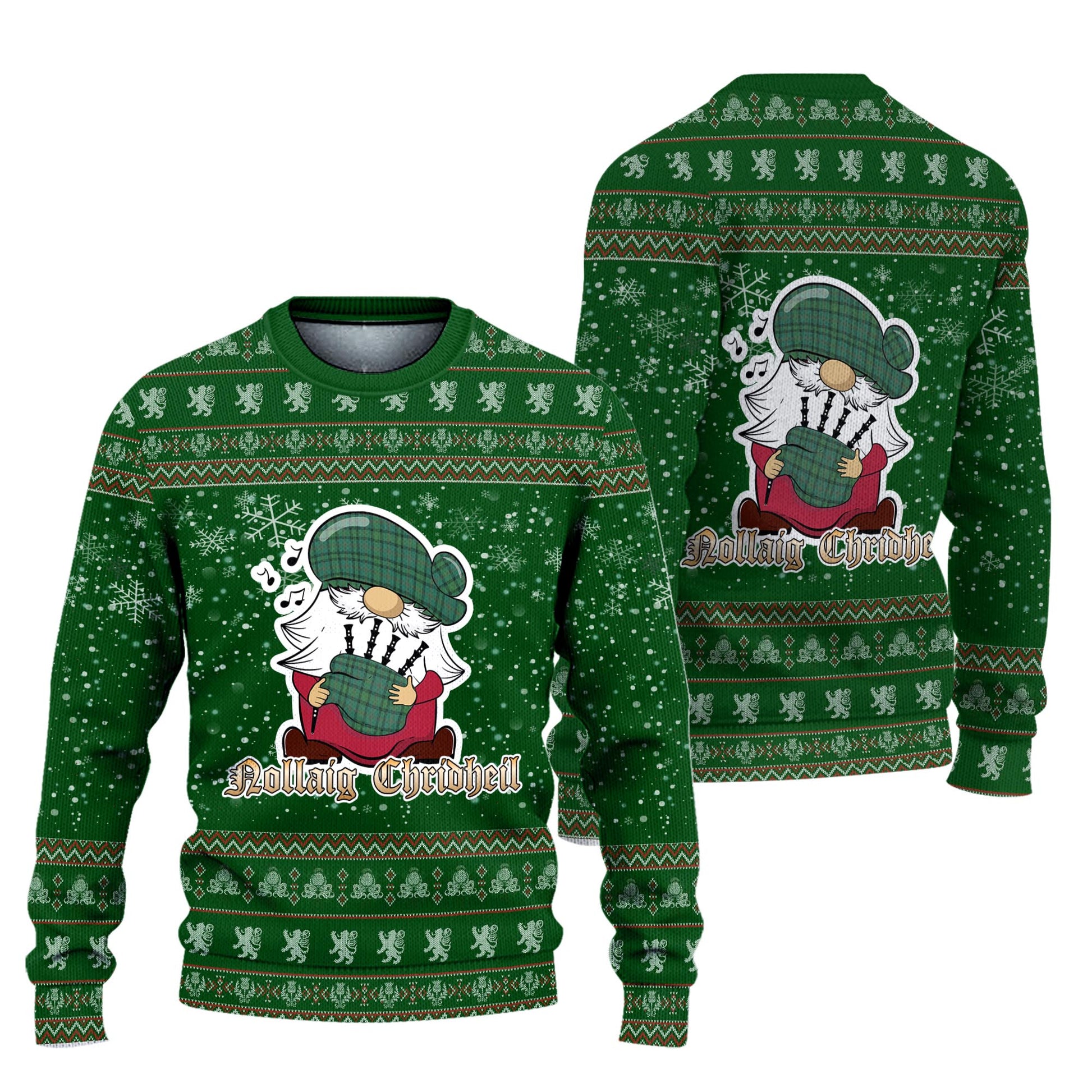 Ross Hunting Ancient Clan Christmas Family Knitted Sweater with Funny Gnome Playing Bagpipes Unisex Green - Tartanvibesclothing