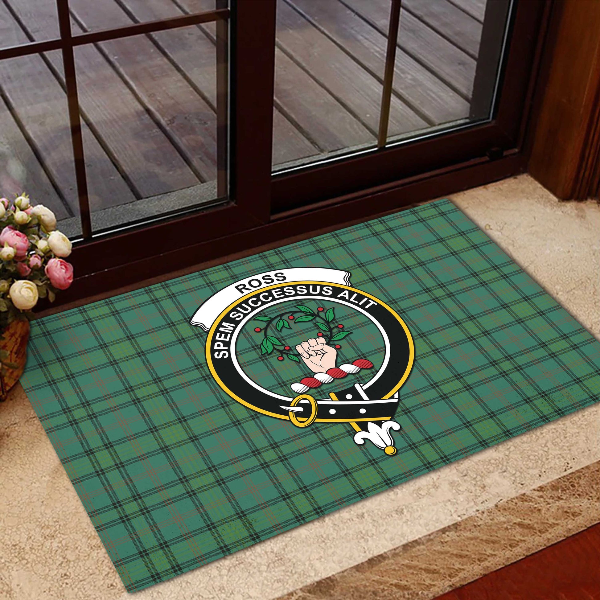 Ross Hunting Ancient Tartan Door Mat with Family Crest - Tartanvibesclothing Shop