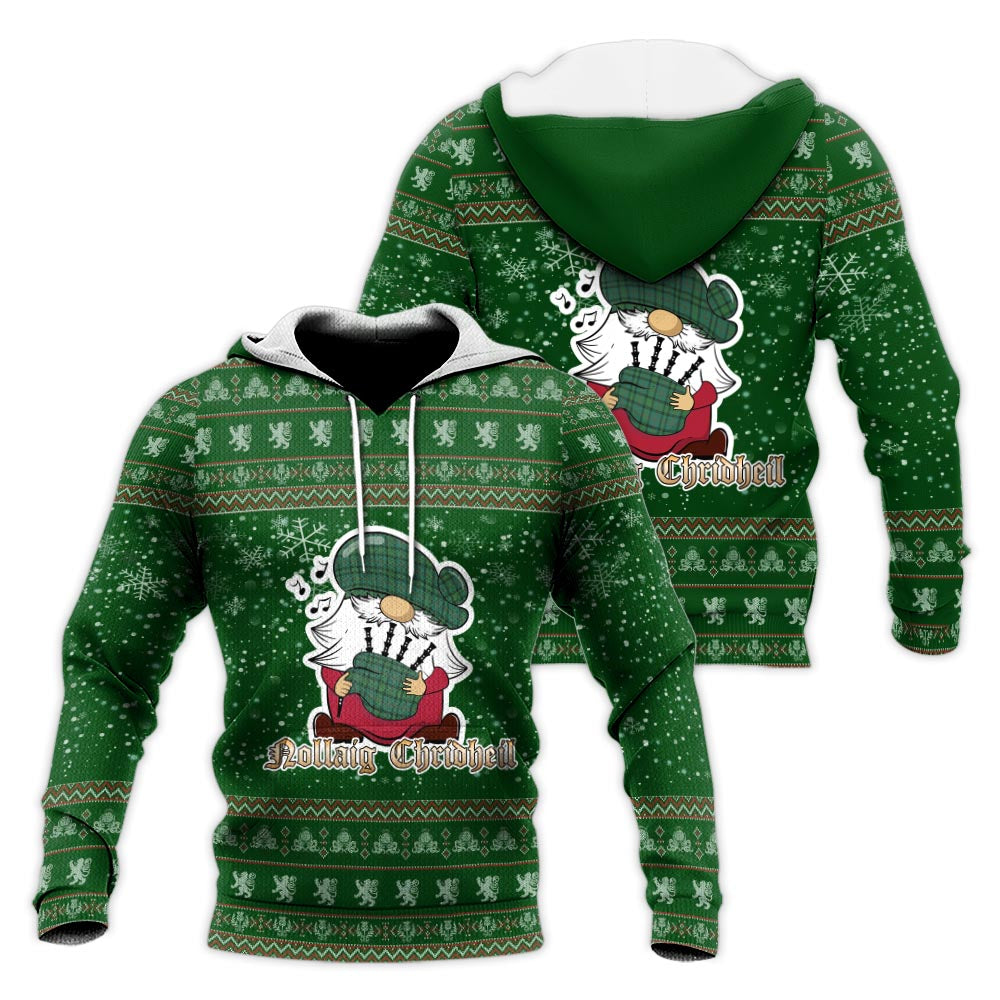 Ross Hunting Ancient Clan Christmas Knitted Hoodie with Funny Gnome Playing Bagpipes Green - Tartanvibesclothing