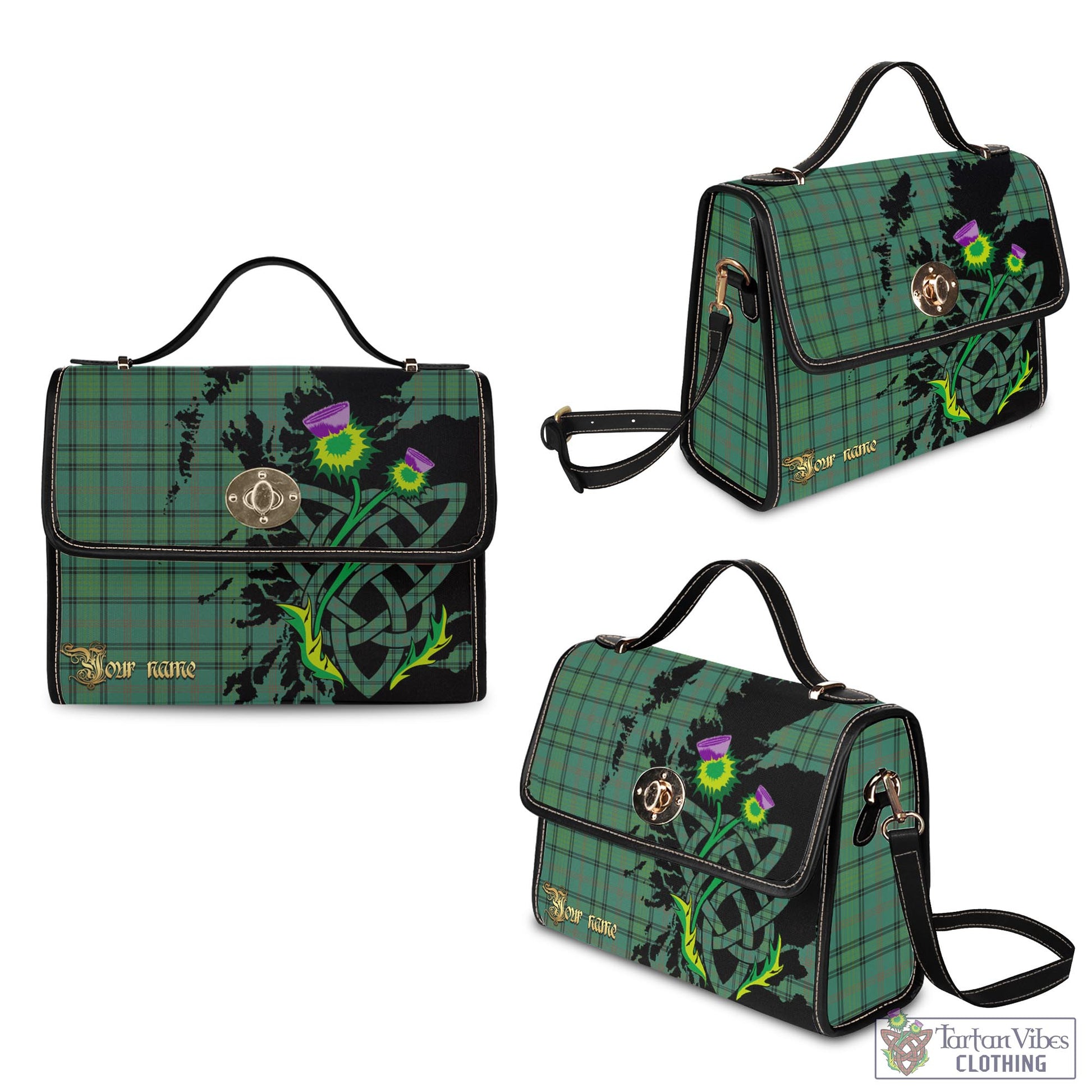 Tartan Vibes Clothing Ross Hunting Ancient Tartan Waterproof Canvas Bag with Scotland Map and Thistle Celtic Accents