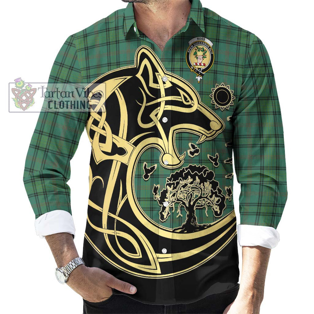 Ross Hunting Ancient Tartan Long Sleeve Button Shirt with Family Crest Celtic Wolf Style - Tartan Vibes Clothing