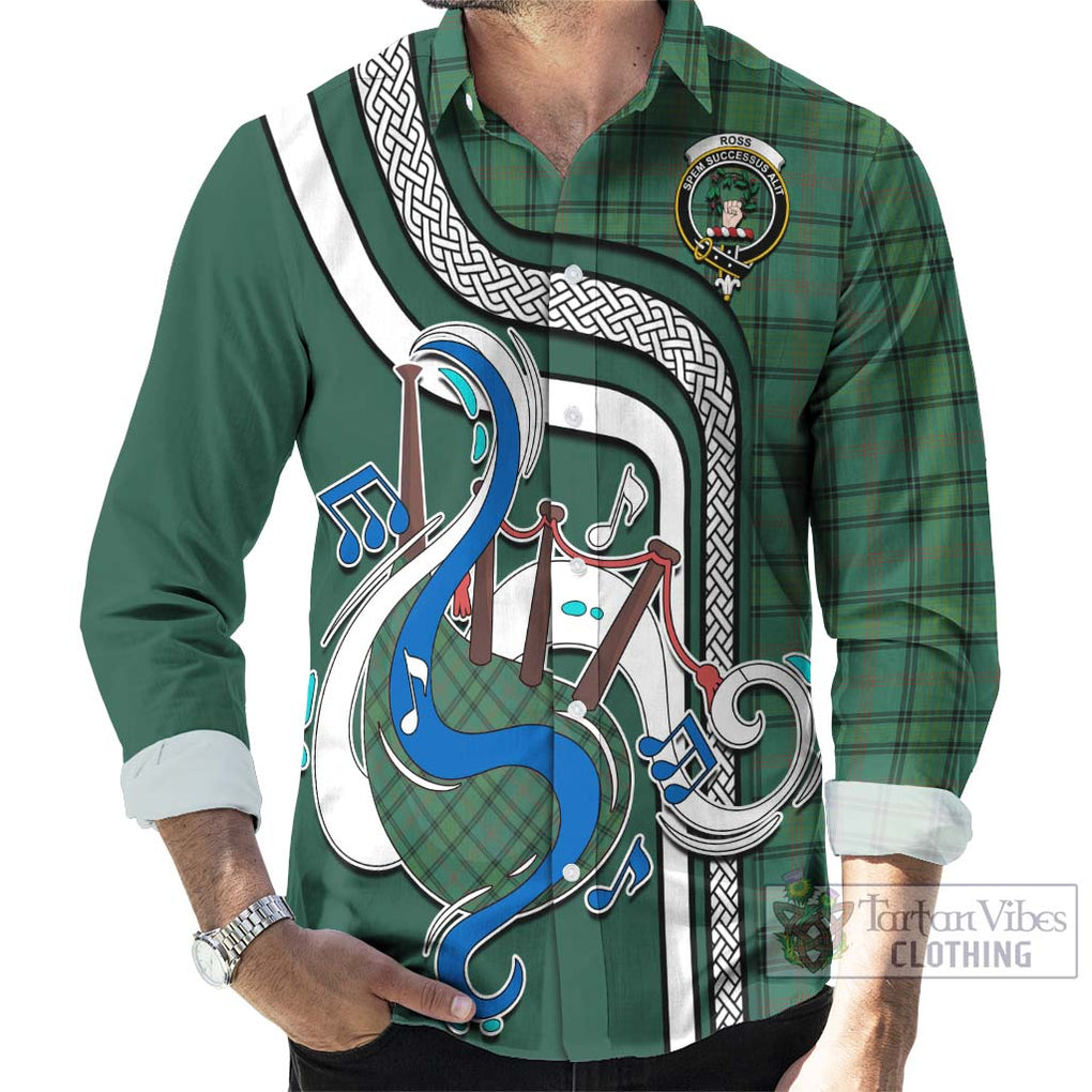 Ross Hunting Ancient Tartan Long Sleeve Button Shirt with Epic Bagpipe Style - Tartanvibesclothing Shop