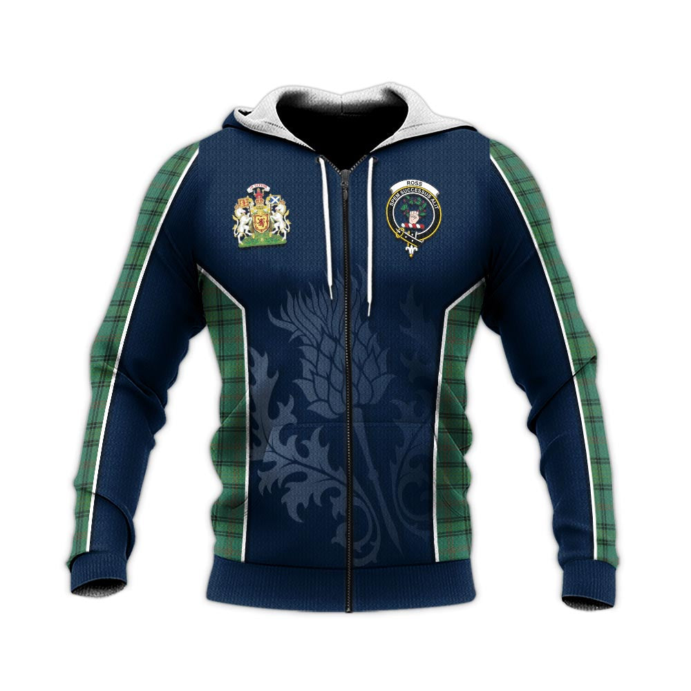 Tartan Vibes Clothing Ross Hunting Ancient Tartan Knitted Hoodie with Family Crest and Scottish Thistle Vibes Sport Style