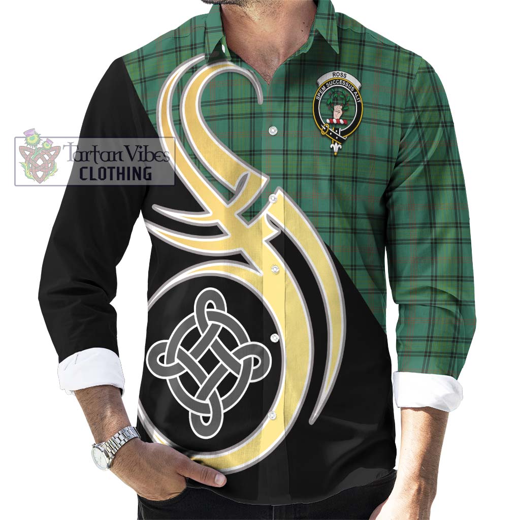 Ross Hunting Ancient Tartan Long Sleeve Button Shirt with Family Crest and Celtic Symbol Style - Tartan Vibes Clothing