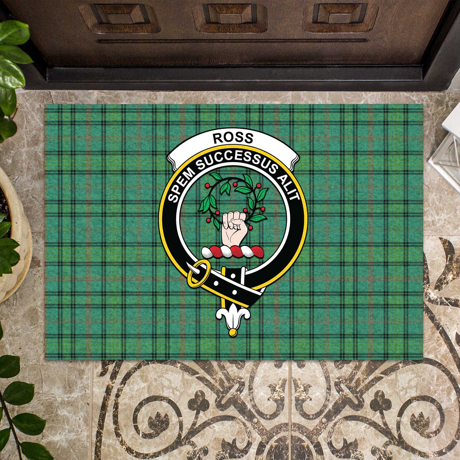 Ross Hunting Ancient Tartan Door Mat with Family Crest - Tartanvibesclothing Shop