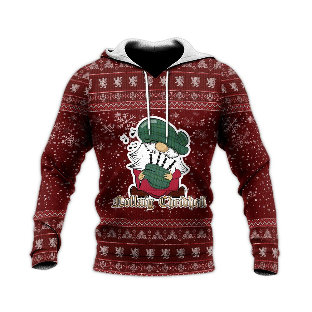 Ross Hunting Ancient Clan Christmas Knitted Hoodie with Funny Gnome Playing Bagpipes - Tartanvibesclothing