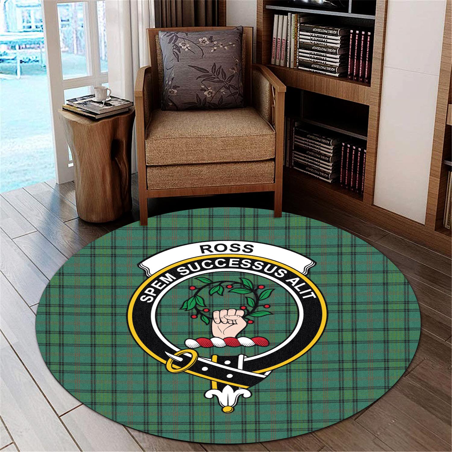 ross-hunting-ancient-tartan-round-rug-with-family-crest