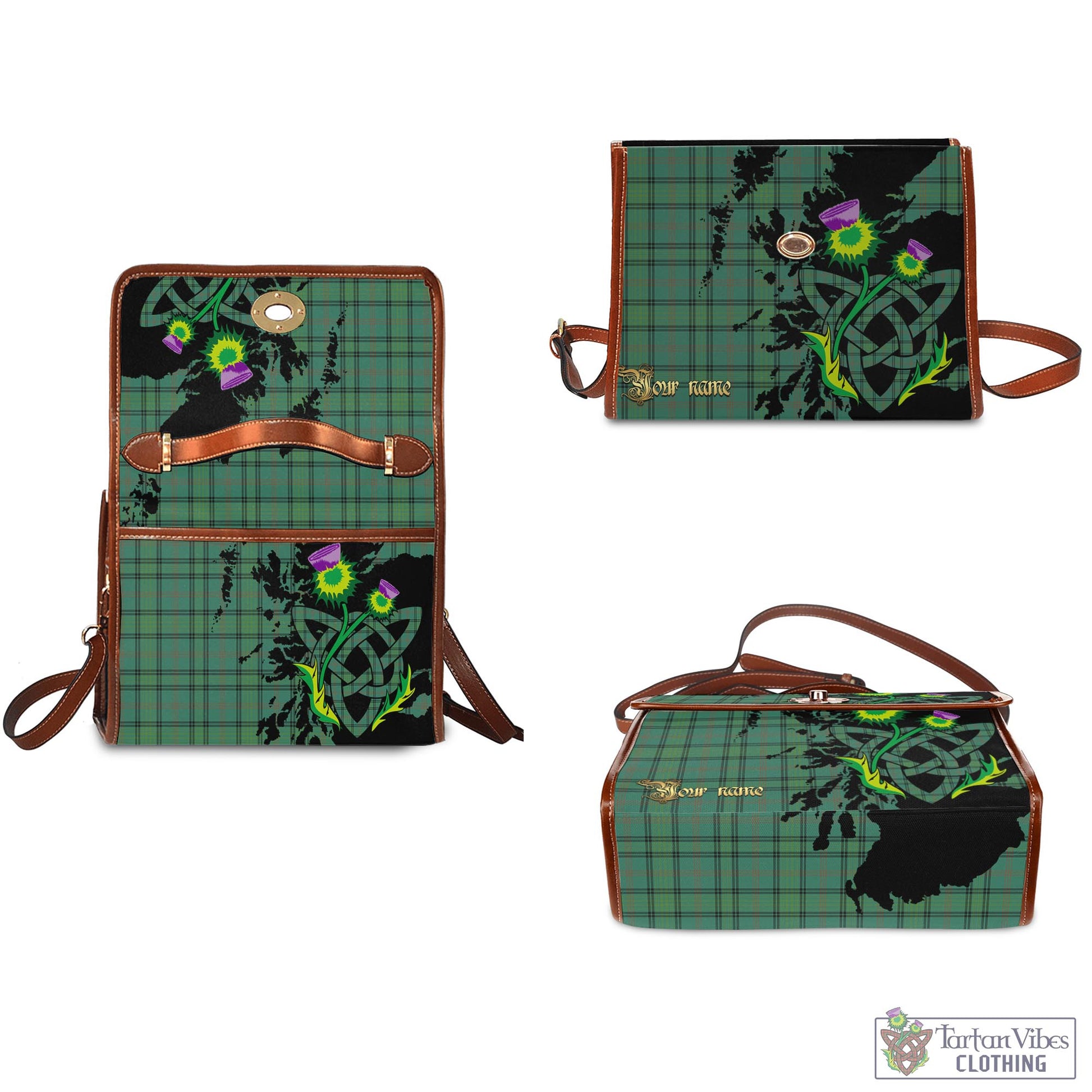 Tartan Vibes Clothing Ross Hunting Ancient Tartan Waterproof Canvas Bag with Scotland Map and Thistle Celtic Accents