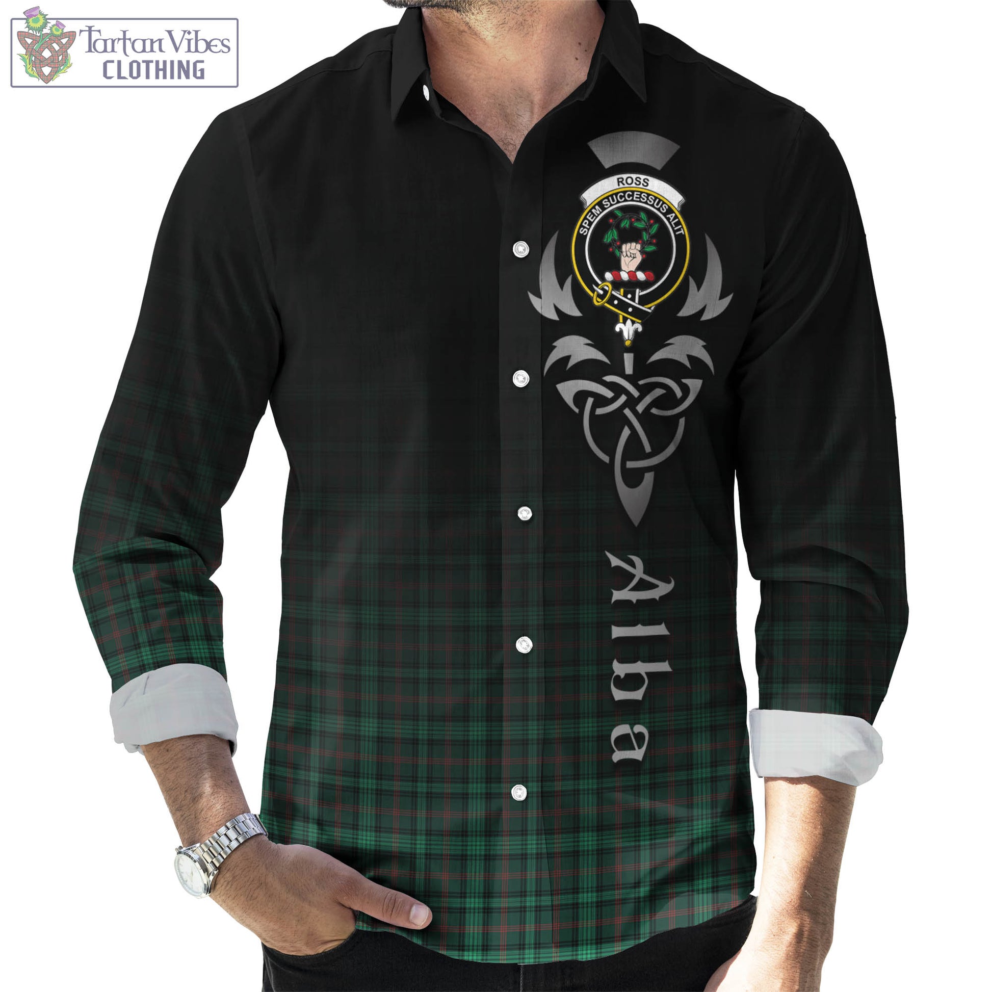 Tartan Vibes Clothing Ross Hunting Modern Tartan Long Sleeve Button Up Featuring Alba Gu Brath Family Crest Celtic Inspired